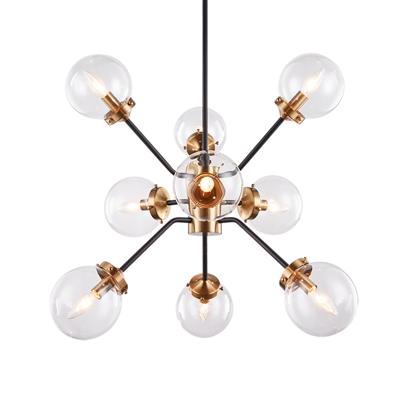 Steel Frame with Glass Globe Chandelier in Black and Aged Gold Brass with Clear Glass by Matteo Lighting
