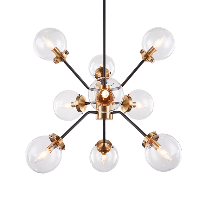 Steel Frame with Glass Globe Chandelier in Black and Aged Gold Brass with Clear Glass by Matteo Lighting