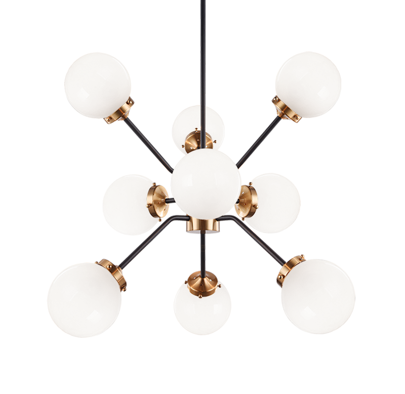 Steel Frame with Glass Globe Chandelier in Black and Aged Gold Brass with Opal Glass by Matteo Lighting