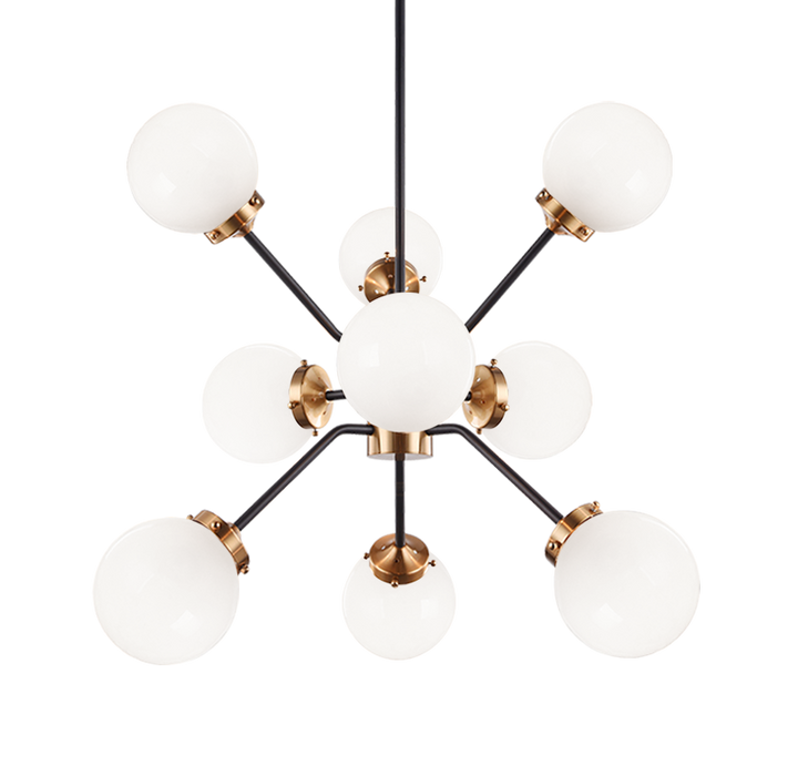 Steel Frame with Glass Globe Chandelier in Black and Aged Gold Brass with Opal Glass by Matteo Lighting