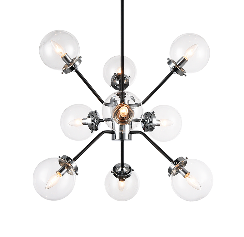 Steel Frame with Glass Globe Chandelier in Black and Chrome with Clear Glass by Matteo Lighting