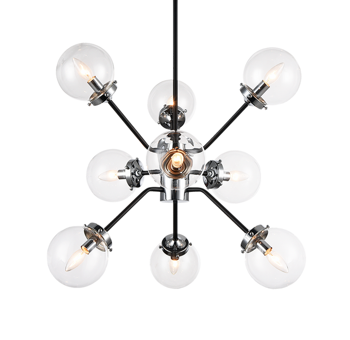 Steel Frame with Glass Globe Chandelier in Black and Chrome with Clear Glass by Matteo Lighting