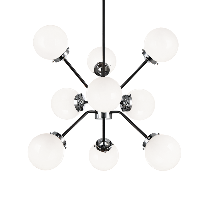Steel Frame with Glass Globe Chandelier in Black and Chrome with Opal Glass by Matteo Lighting