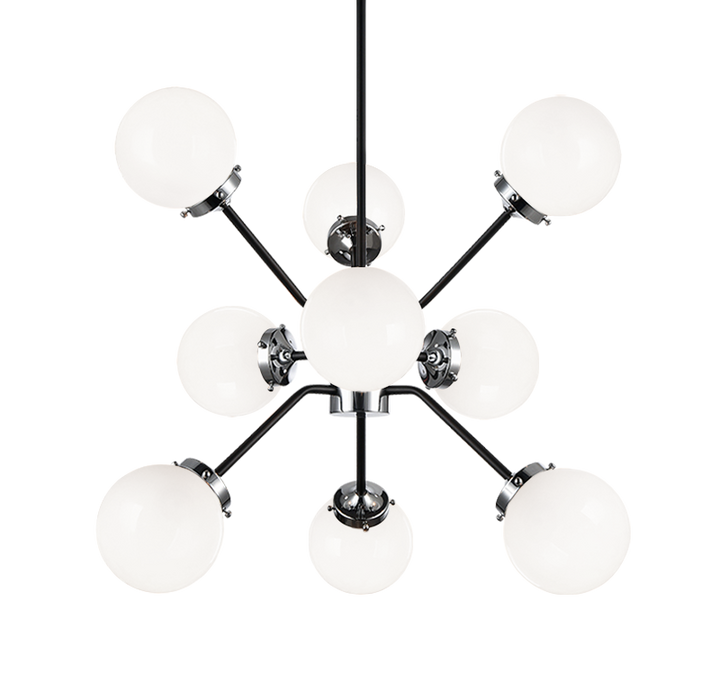 Steel Frame with Glass Globe Chandelier in Black and Chrome with Opal Glass by Matteo Lighting