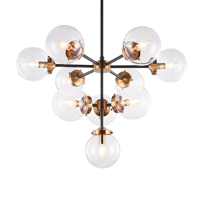 Steel Frame with Glass Globe Chandelier in Black and Aged Gold Brass with Clear Glass by Matteo Lighting