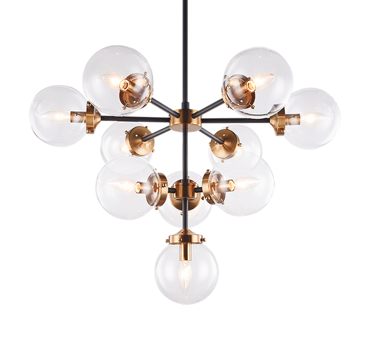 Steel Frame with Glass Globe Chandelier in Black and Aged Gold Brass with Clear Glass by Matteo Lighting