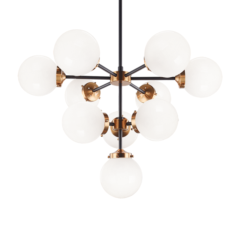 Steel Frame with Glass Globe Chandelier in Black and Aged Gold Brass with Opal Glass by Matteo Lighting