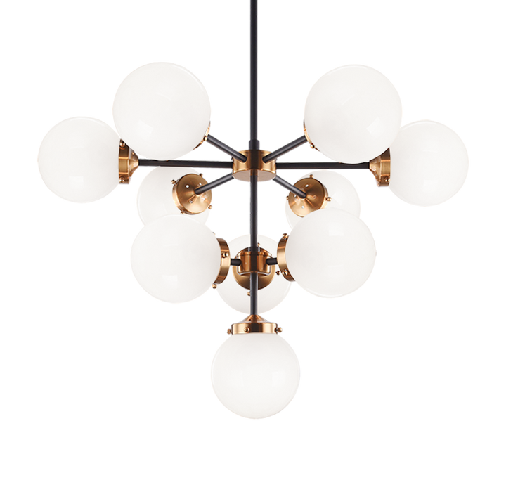 Steel Frame with Glass Globe Chandelier in Black and Aged Gold Brass with Opal Glass by Matteo Lighting