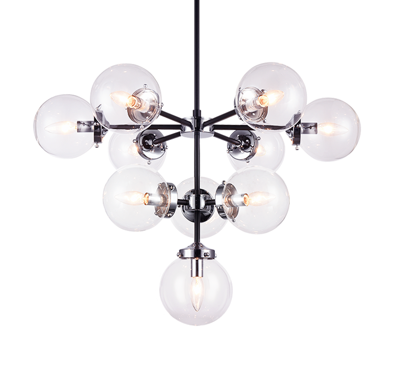 Steel Frame with Glass Globe Chandelier in Black and Chrome with Clear Glass by Matteo Lighting