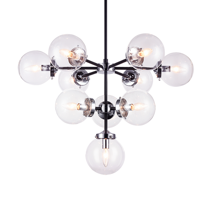 Steel Frame with Glass Globe Chandelier in Black and Chrome with Clear Glass by Matteo Lighting
