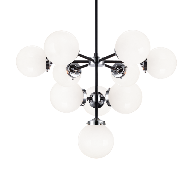 Steel Frame with Glass Globe Chandelier in Black and Chrome with Opal Glass by Matteo Lighting