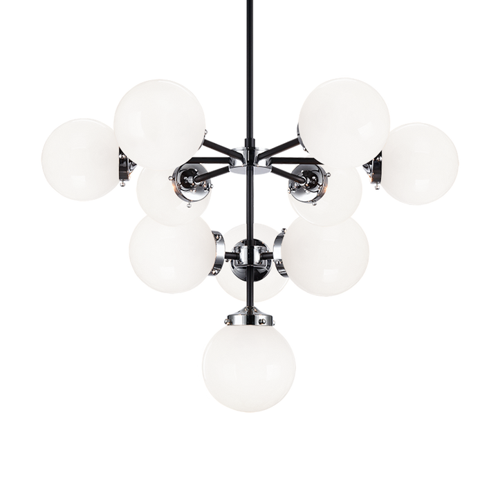 Steel Frame with Glass Globe Chandelier in Black and Chrome with Opal Glass by Matteo Lighting