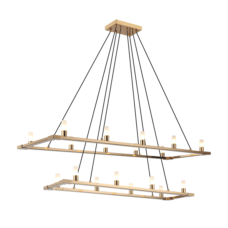 Steel Rectangular Frame with Opal Glass Shade Two Tier Chandelier