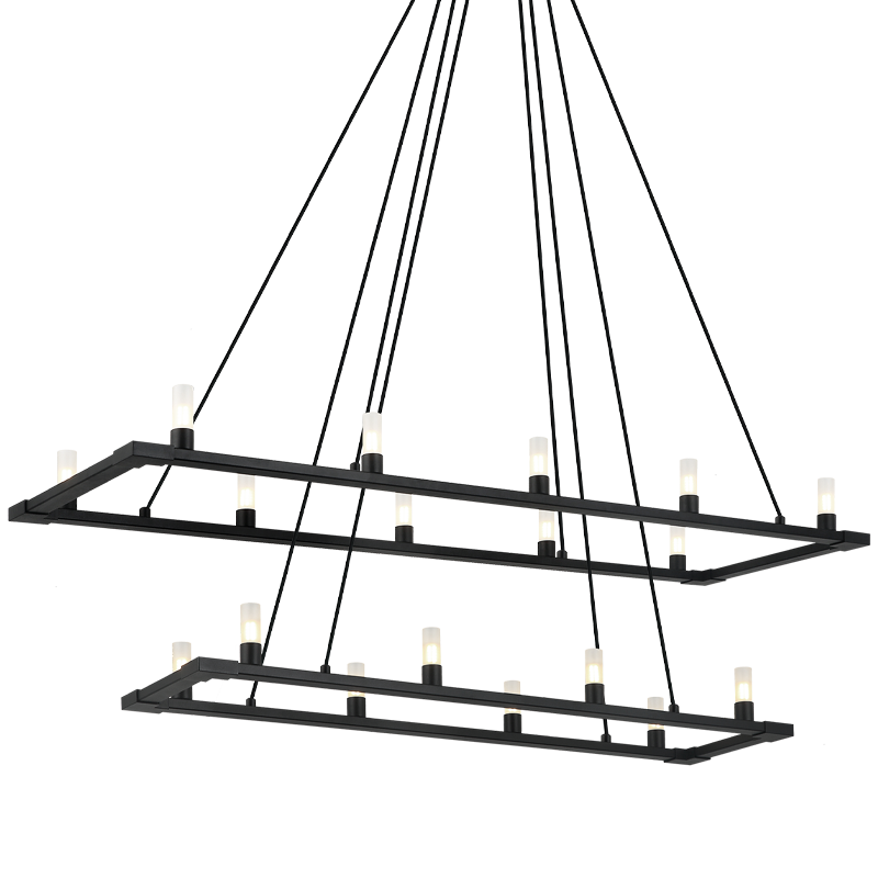 Steel Rectangular Frame with Opal Glass Shade Two Tier Chandelier