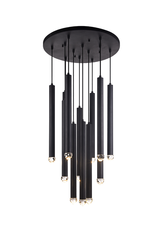 LED Steel Cylindrical Frame with Diamond Cut Crystal Diffuser Chandelier