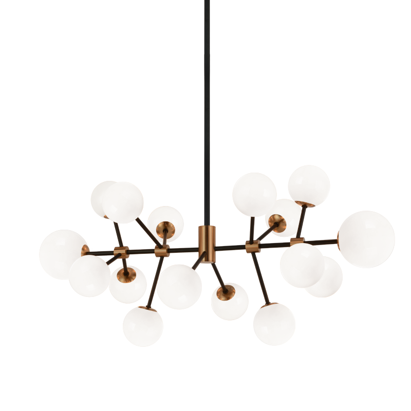 Black and Aged Gold Brass Frame with Opal Glass Globe Linear Chandelier