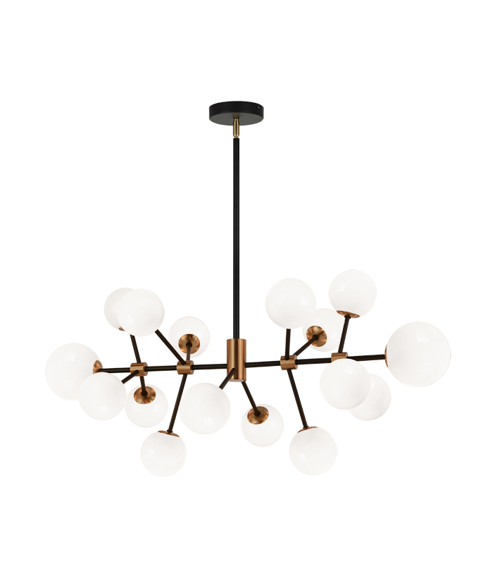 Black and Aged Gold Brass Frame with Opal Glass Globe Linear Chandelier