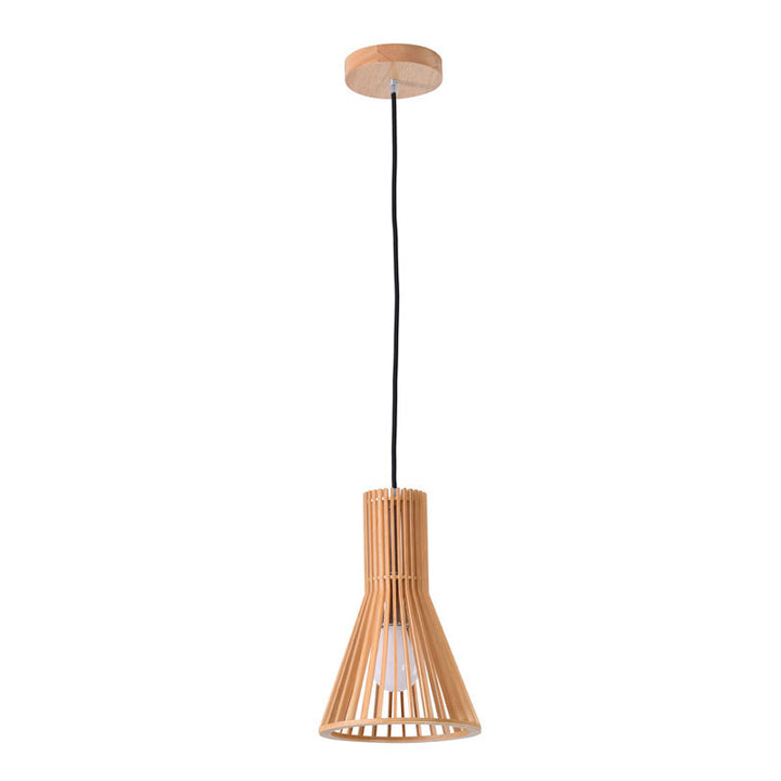 Natural Wood Frame Single Pendant Light with Black Fabric by Bethel - view 3