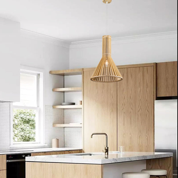 Natural Wood Single Pendant Light with Black Fabric by Bethel - view 4