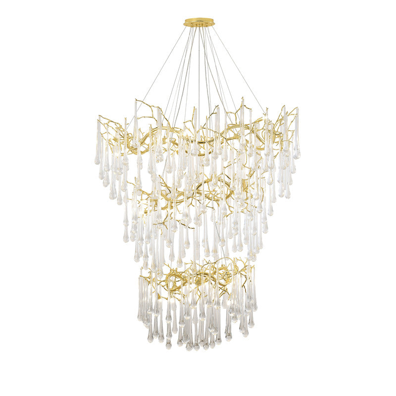 Three Tier Gold Solid Brass Frame Chandelier with Clear Glass Hanging Drops by Bethel