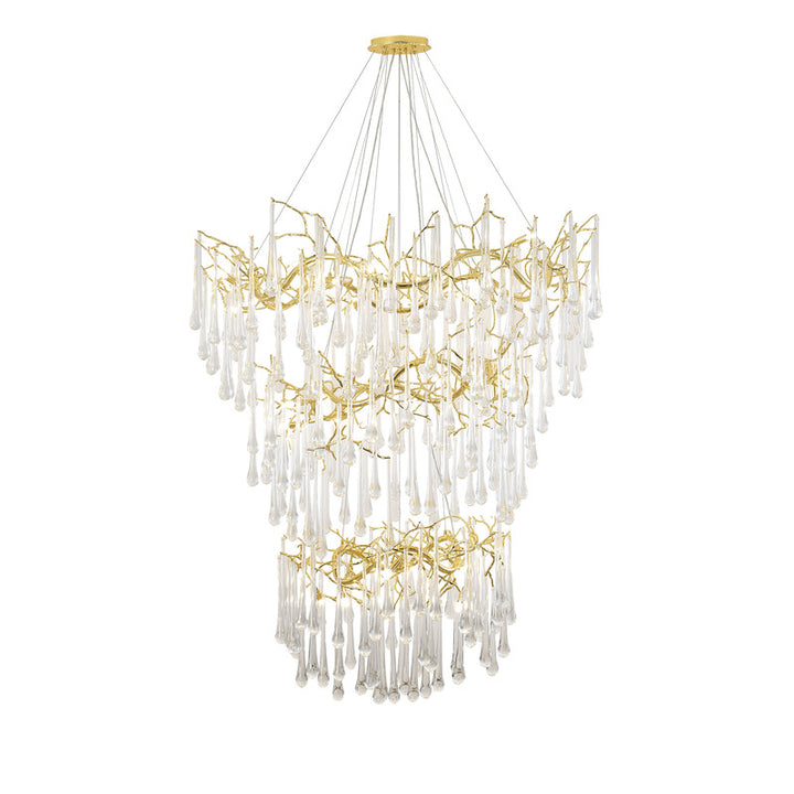 Three Tier Gold Solid Brass Frame Chandelier with Clear Glass Hanging Drops by Bethel