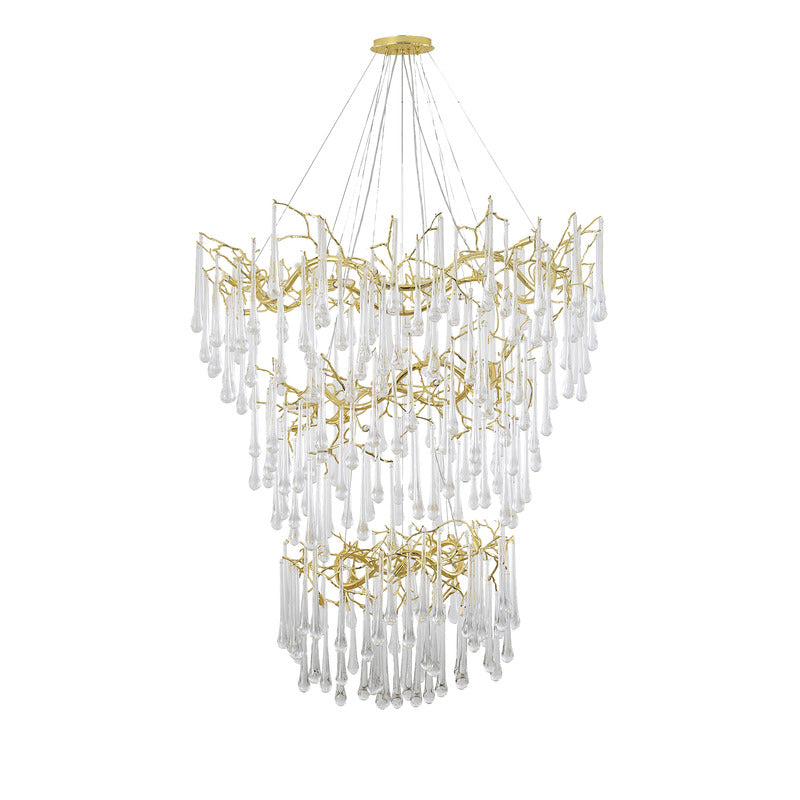 Three Tier Gold Solid Brass Frame Chandelier with Clear Glass Hanging Drops by Bethel - view 2