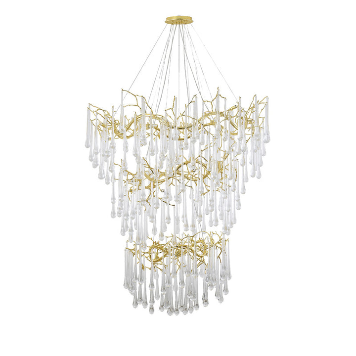 Three Tier Gold Solid Brass Frame Chandelier with Clear Glass Hanging Drops by Bethel - view 2
