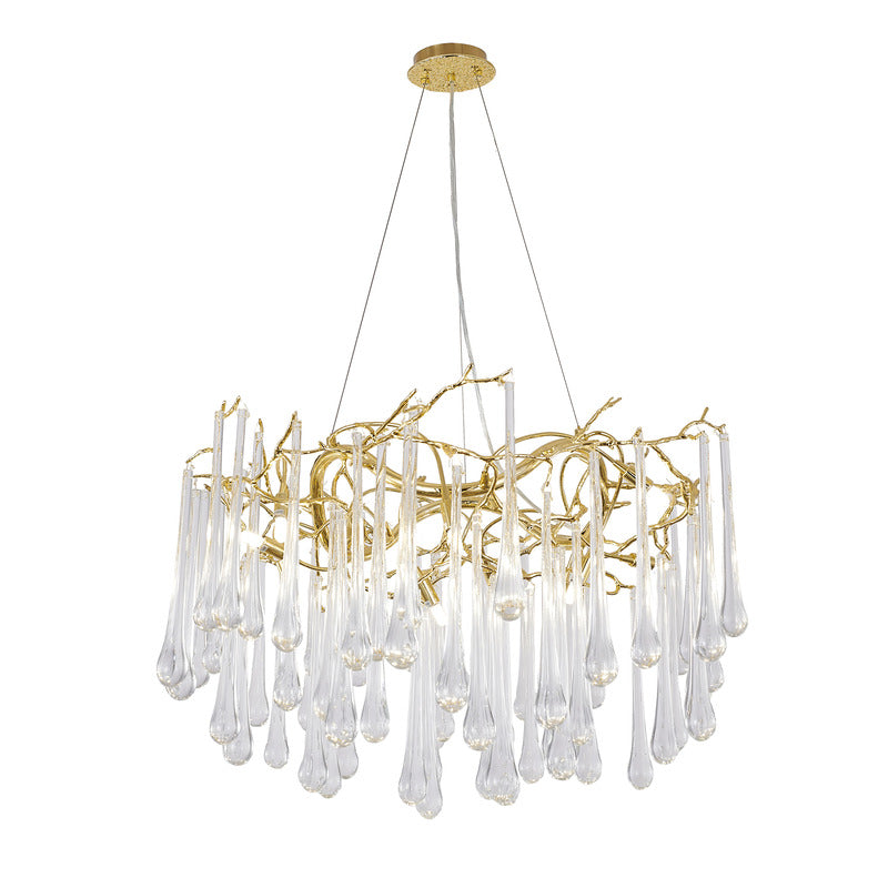 Gold Solid Brass Branch Chandelier with Clear Glass Hanging Drops by Bethel