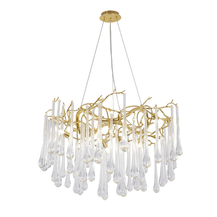 Gold Solid Brass Branch Chandelier with Clear Glass Hanging Drops by Bethel