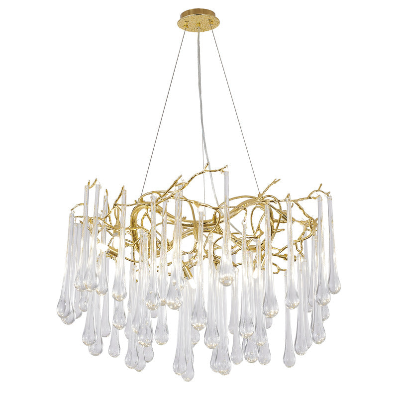 Gold Solid Brass Branch Chandelier with Clear Glass Hanging Drops by Bethel - view 2