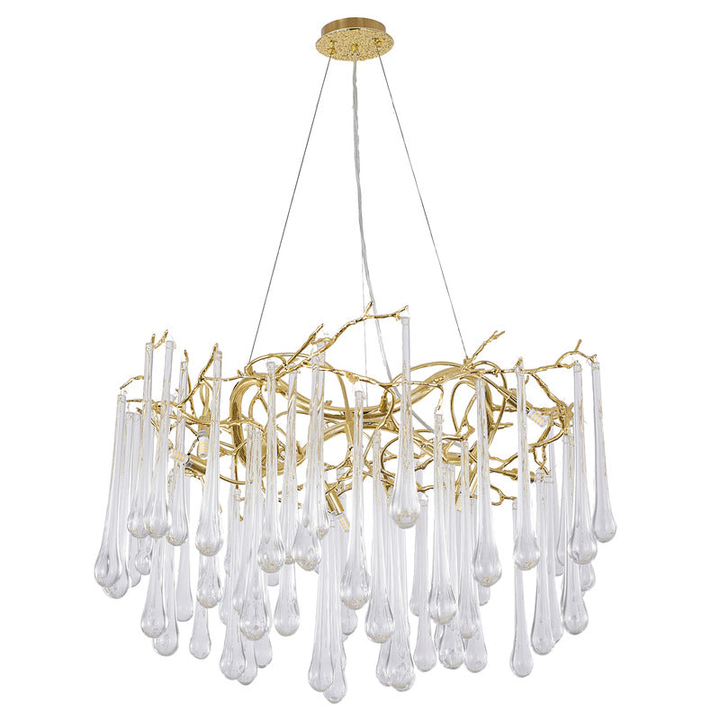 Gold Solid Brass Branch Chandelier with Clear Glass Hanging Drops by Bethel - view 9