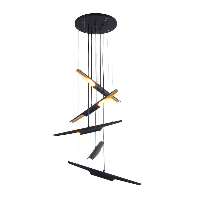 Matte Black Flushed Chandelier with Hanging Pendant Tubes with Gold Interior by Bethel