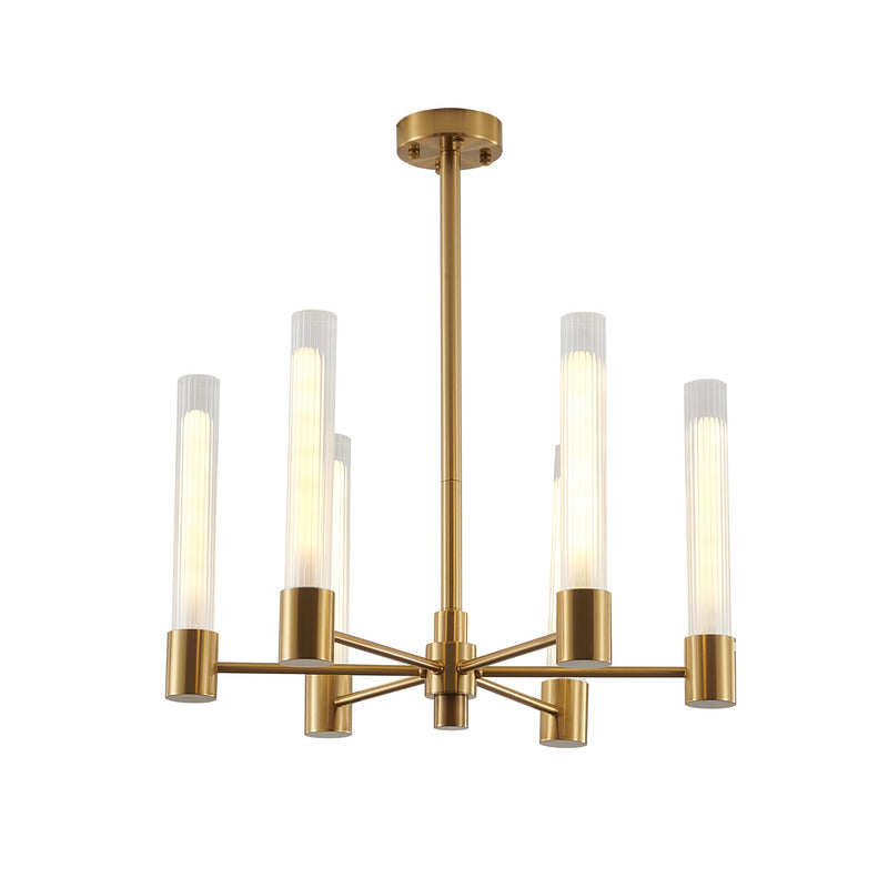 Brass Frame Chandelier with Ribbed Clear Glass Shades by Bethel
