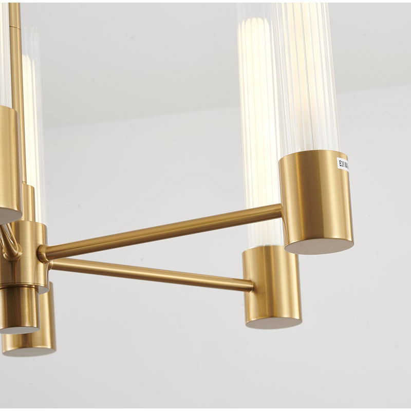 Brass Frame Chandelier with Ribbed Clear Glass Shades by Bethel - view 3
