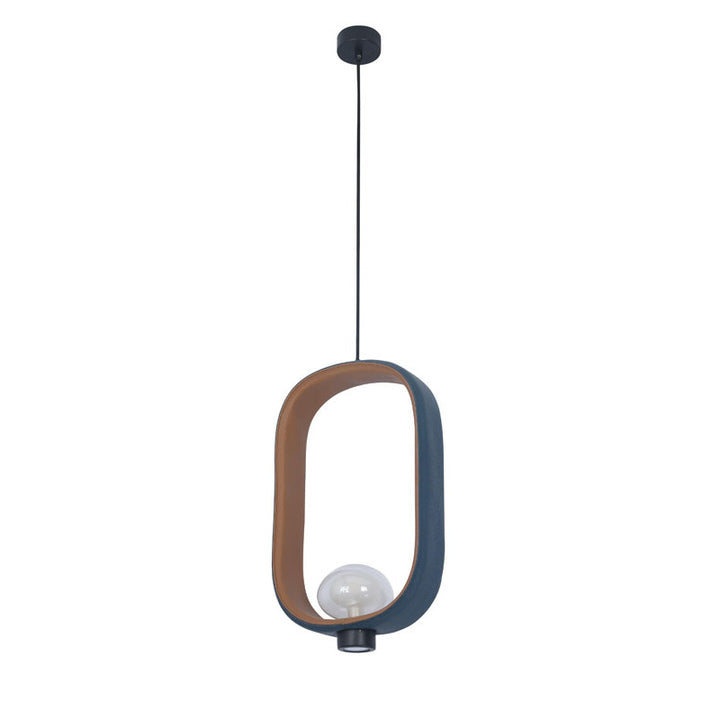 Deep Blue &amp; Brown Genuine Leather Single Pendant Light with Glass Shade