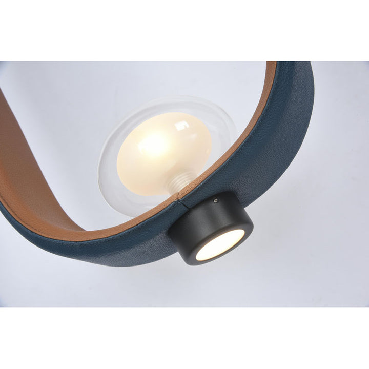 Deep Blue &amp; Brown Genuine Leather Single Pendant Light with Glass Shade