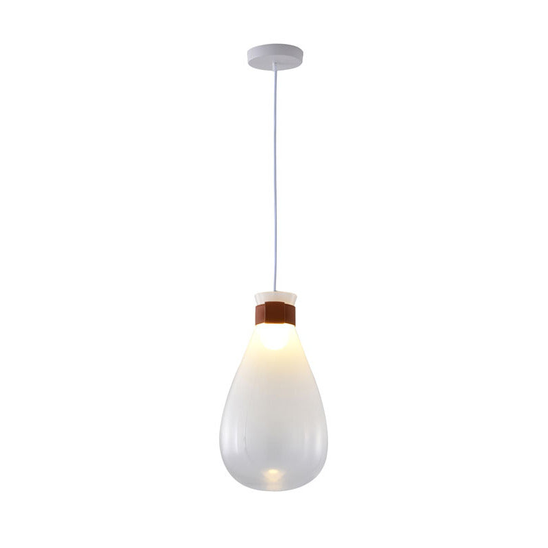 White Glass Jar Pendant Light with Brown Leather Band by Bethel
