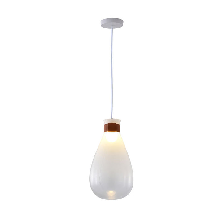 White Glass Jar Pendant Light with Brown Leather Band by Bethel