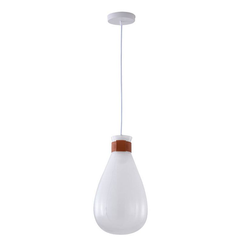 White Glass Jar Pendant Light with Brown Leather Band by Bethel - view 2