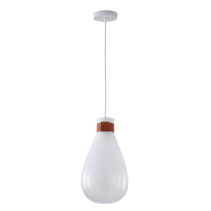 White Glass Jar Pendant Light with Brown Leather Band by Bethel - view 2