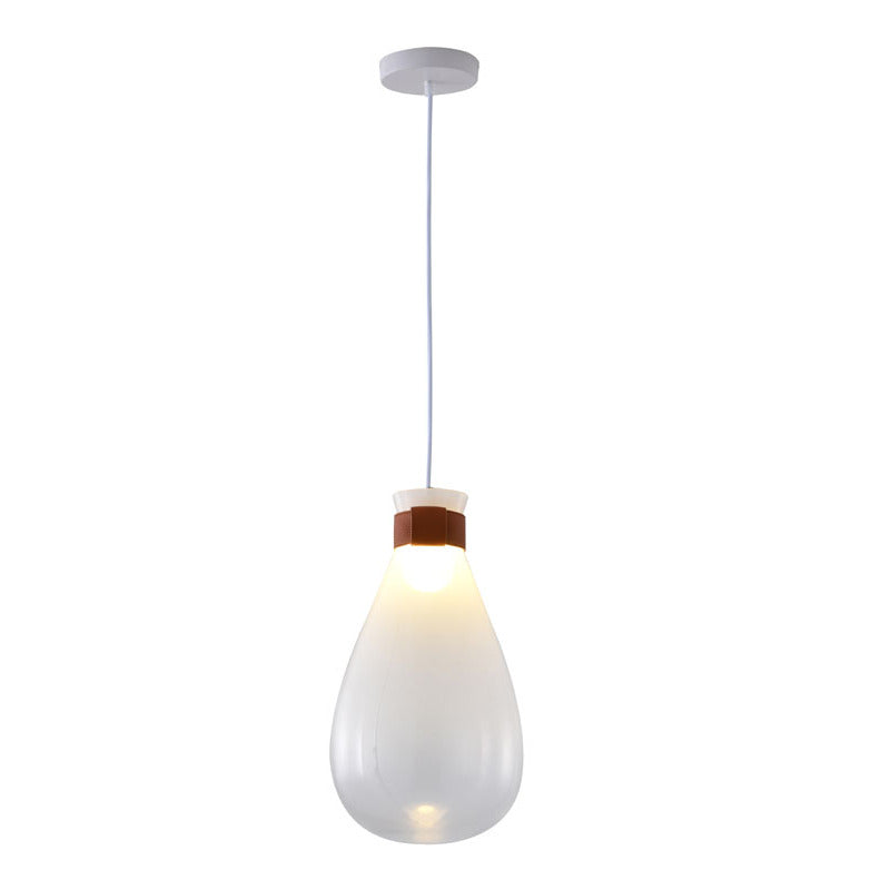White Frosted Glass Pendant Light with Brown Leather Band by Bethel