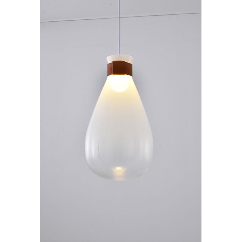 White Frosted Glass Pendant Light with Brown Leather Band by Bethel - view 2