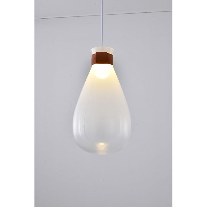 White Frosted Glass Pendant Light with Brown Leather Band by Bethel - view 2