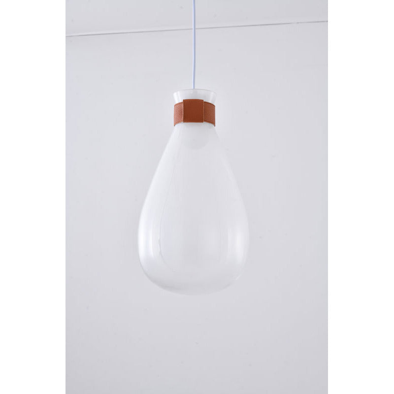 White Frosted Glass Pendant Light with Brown Leather Band by Bethel - view 3