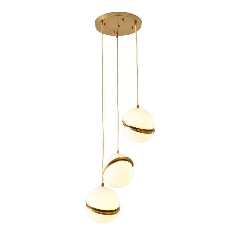 Gold Flushed Chandelier with Three White Hanging Orb Pendants by Bethel