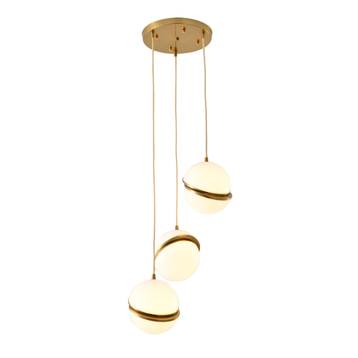 Gold Flushed Chandelier with Three White Hanging Orb Pendants by Bethel