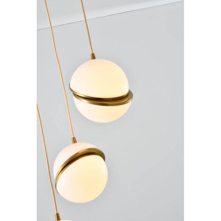 Gold Flushed Chandelier with Three White Hanging Orb Pendants by Bethel - view 3