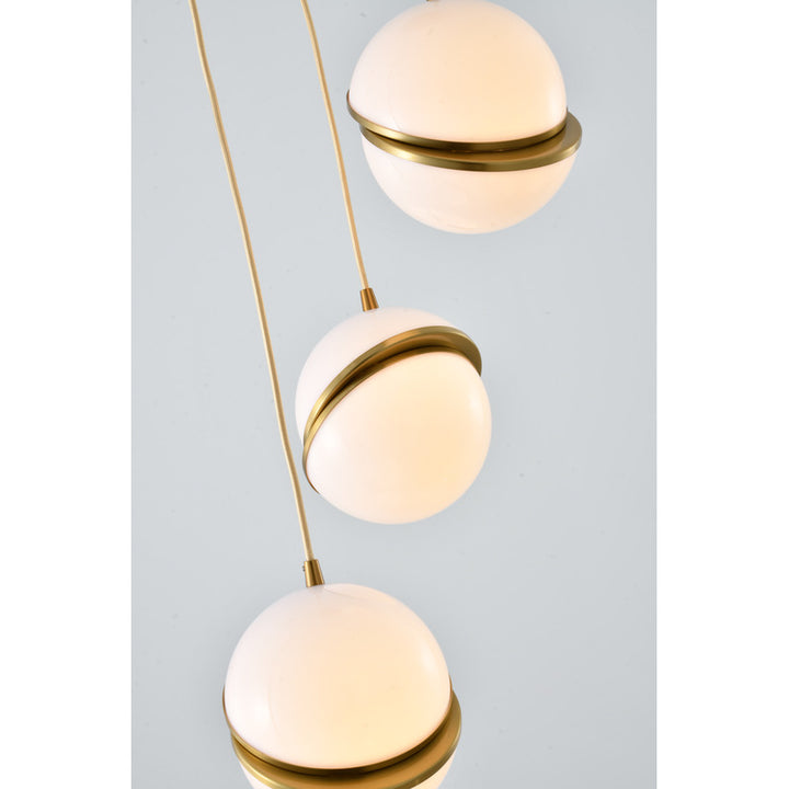Gold Flushed Chandelier with Three White Hanging Orb Pendants by Bethel - view 4