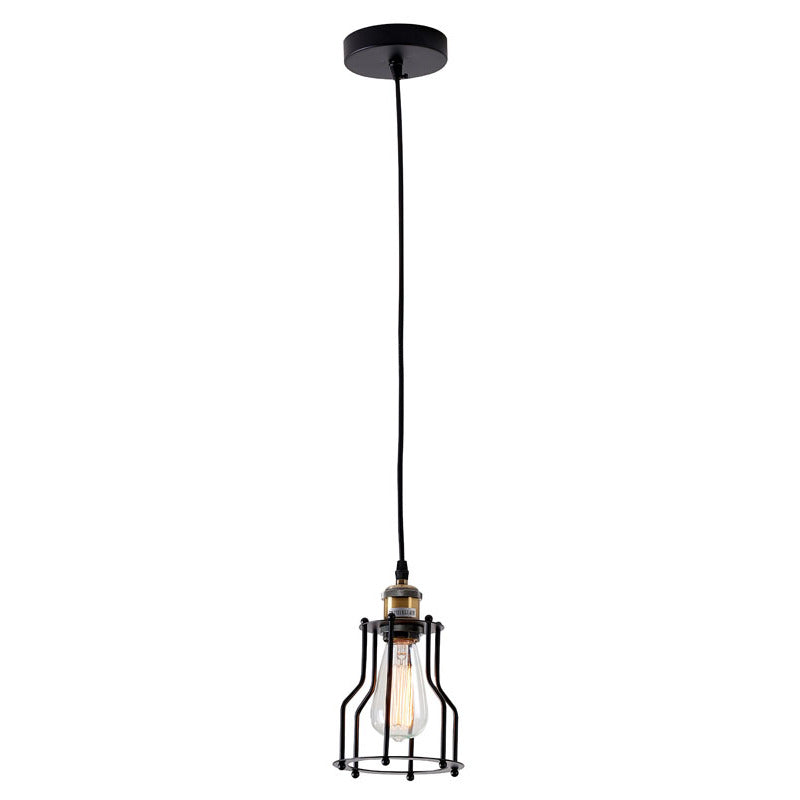 Black Cage Frame Single Pendant Light with Brass Hardware by Bethel