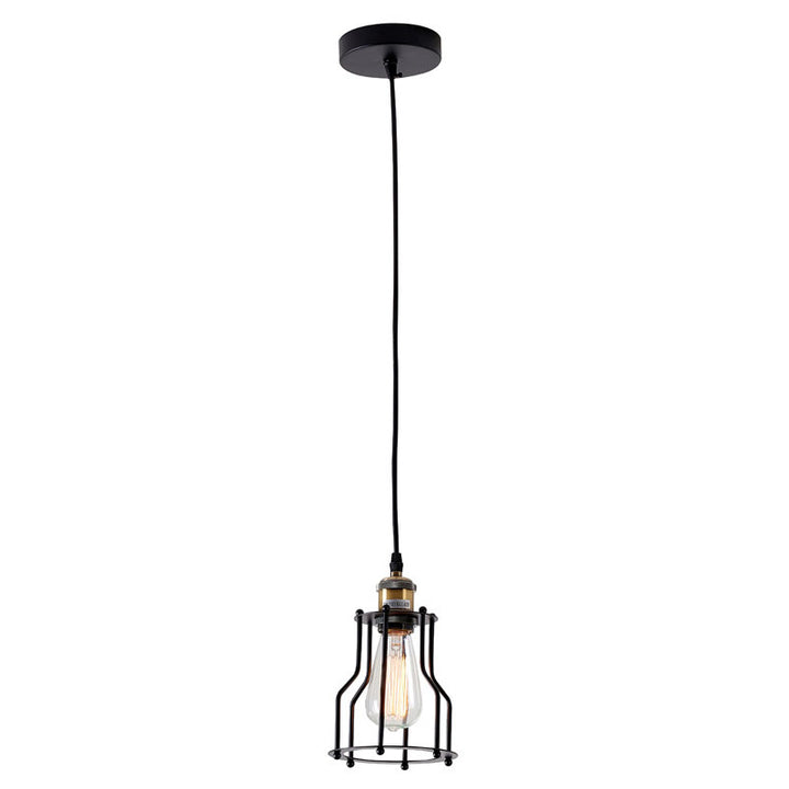 Black Cage Frame Single Pendant Light with Brass Hardware by Bethel